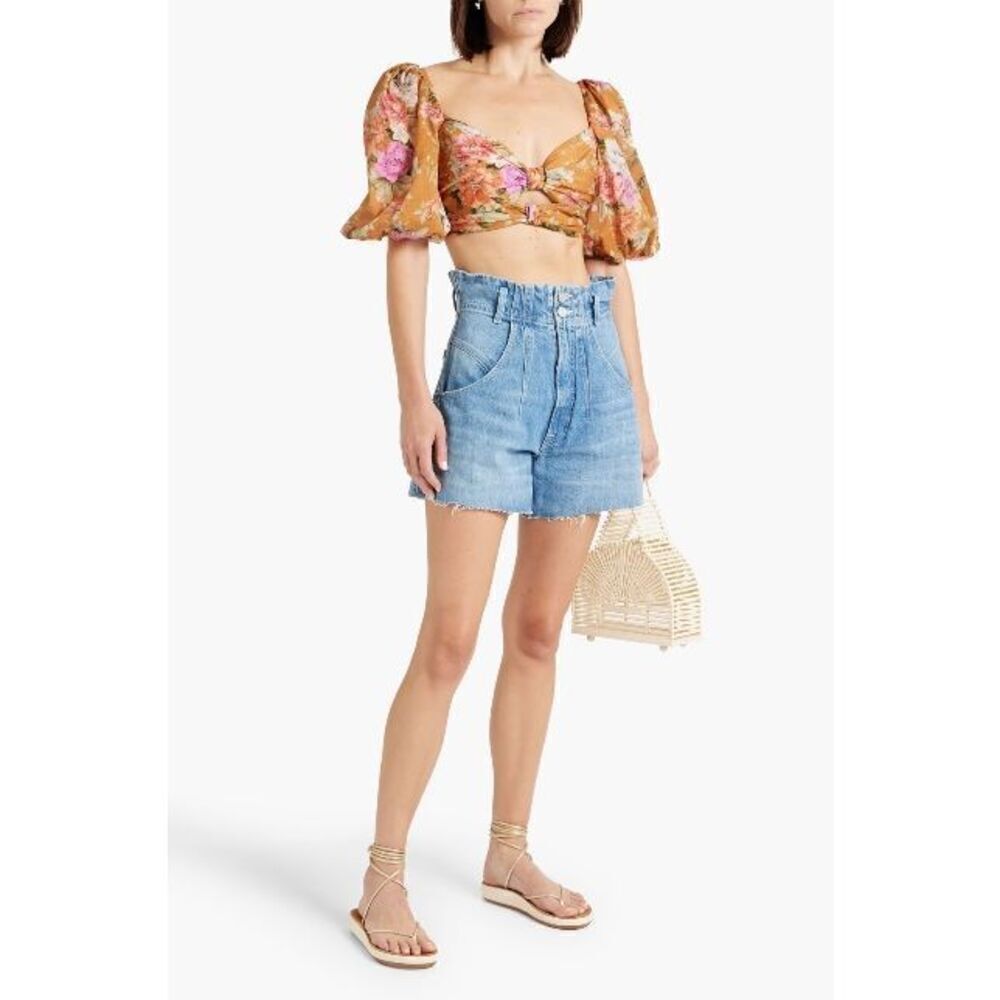 NWT ZIMMERMANN Cropped floral-print cotton-voile top puff sleeves (300)